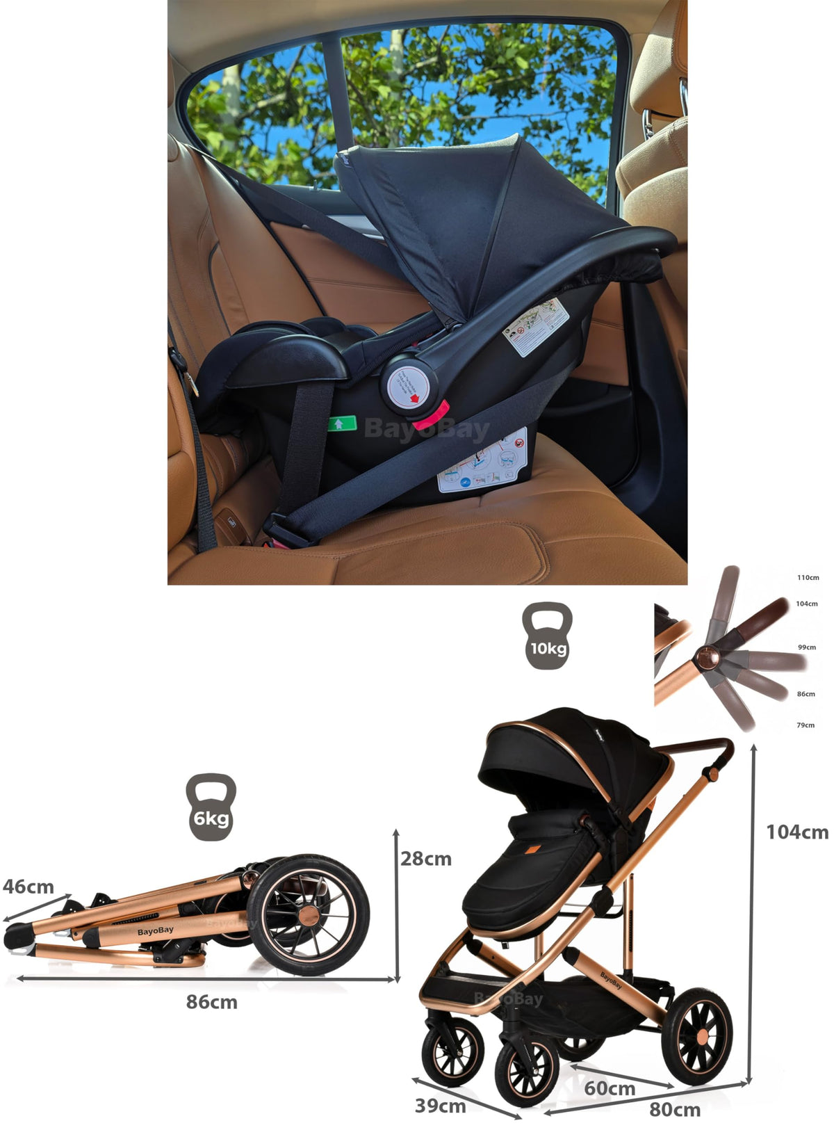 BayoBay 3-in-1 Travel System Stroller & Car Seat – Black