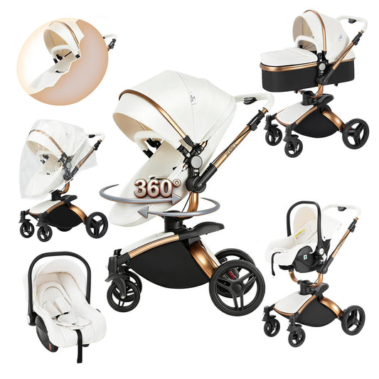 Magic ZC 3-in-1 PU Leather Pushchair | 360° Seat | White