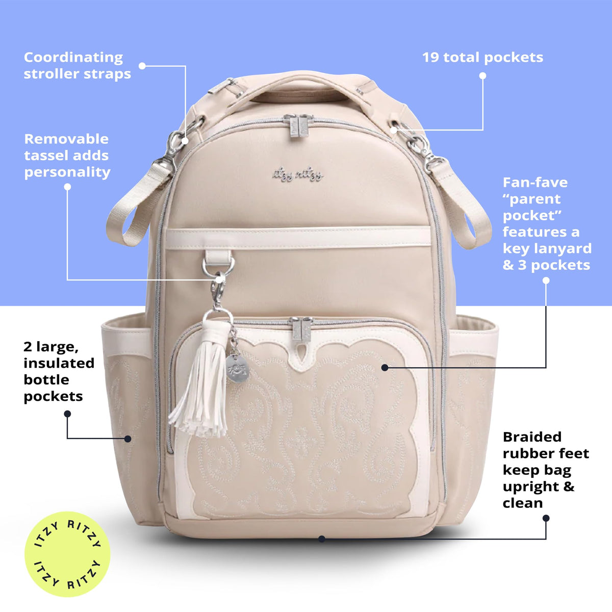 Itzy Ritzy Boss Plus Diaper Bag Backpack – 19 Pockets, Oat