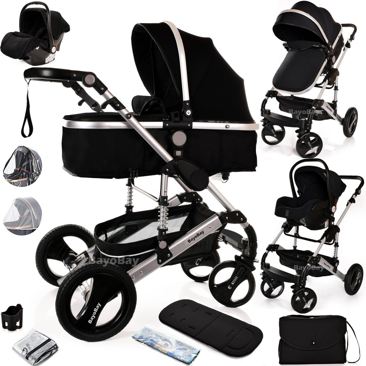 BayoBay 3-in-1 Travel System Pram & Car Seat – Silver Frame