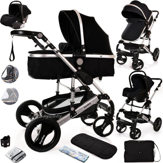BayoBay 3-in-1 Travel System Pram & Car Seat – Silver Frame