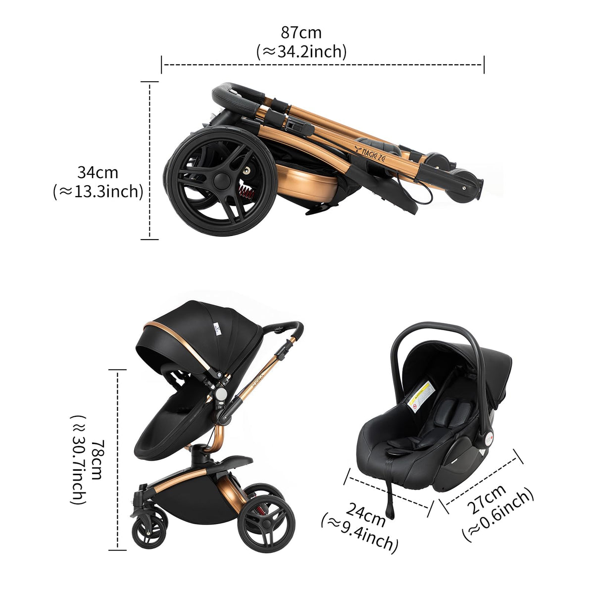 Magic ZC 3-in-1 PU Leather Pushchair | 360° Seat | White