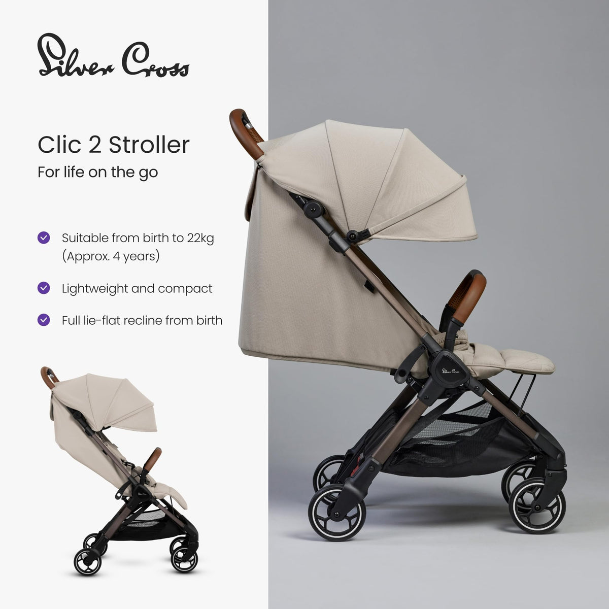 Silver Cross Clic 2 Compact Stroller & Travel Bag | Latte