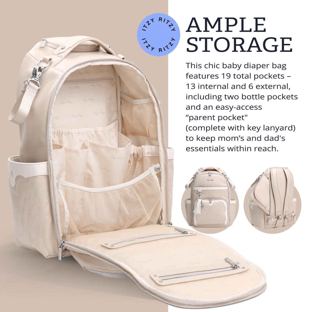 Itzy Ritzy Boss Plus Diaper Bag Backpack – 19 Pockets, Oat