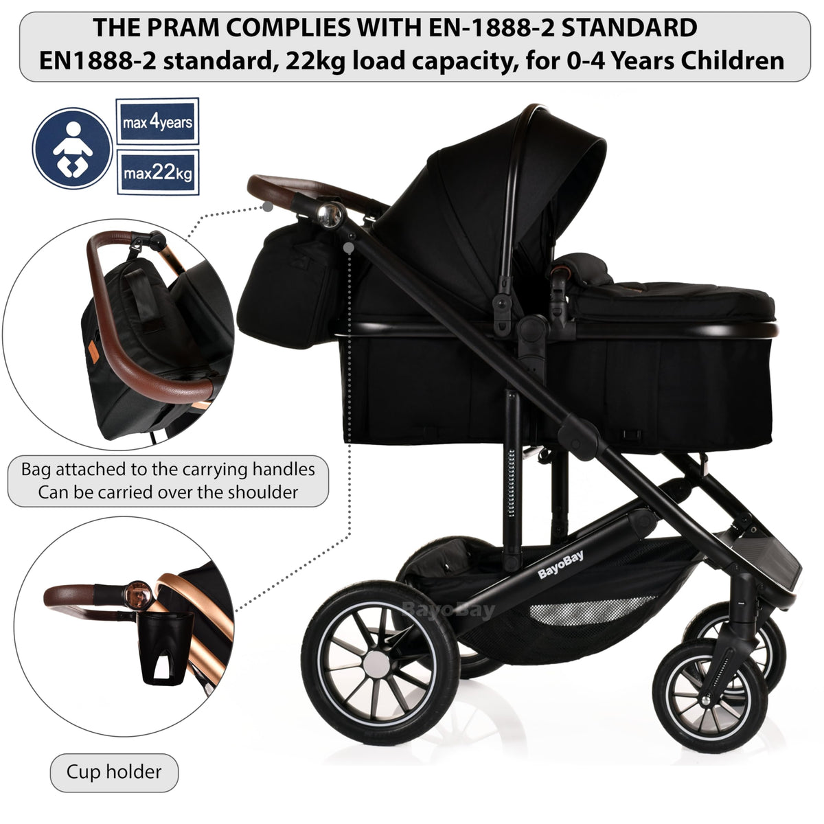 BayoBay 3-in-1 Travel System Stroller & Car Seat – Black