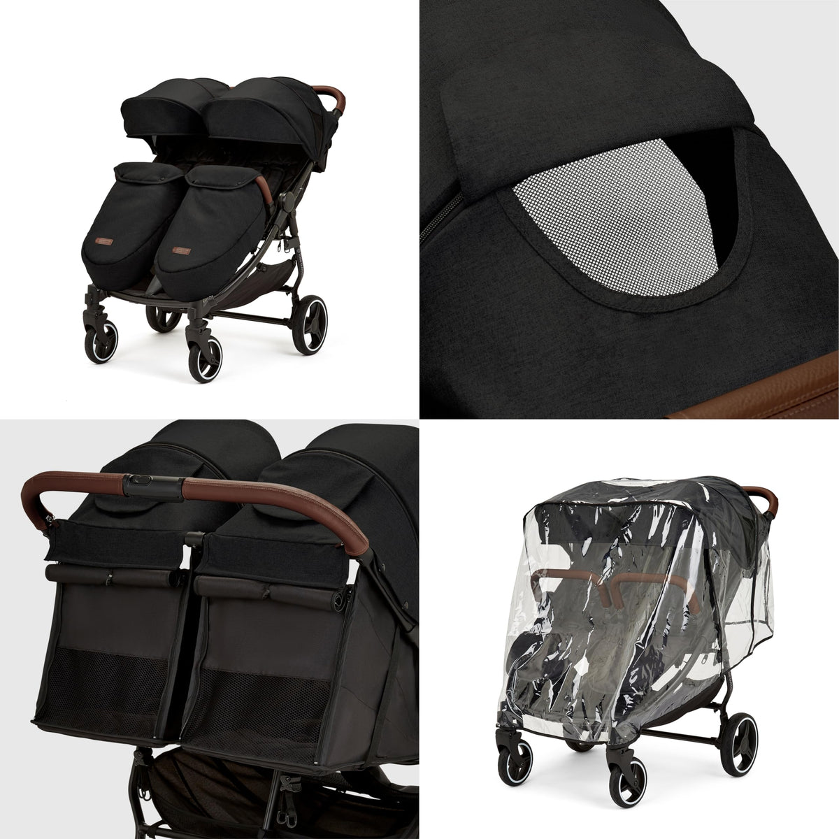 Ickle Bubba Venus Max Twin Double Stroller with Footwarmers – Black