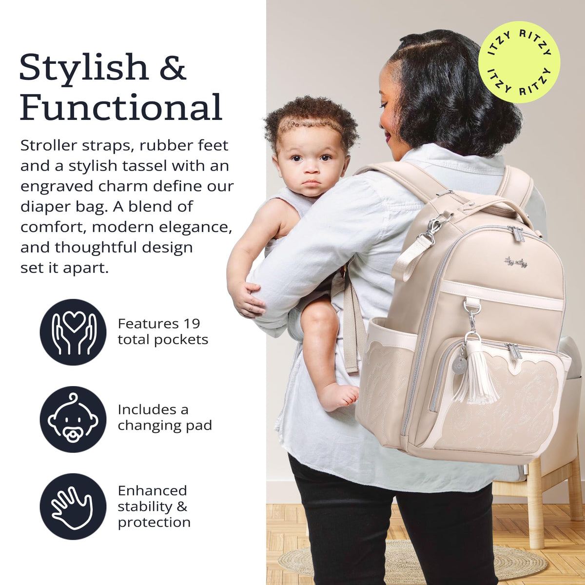 Itzy Ritzy Boss Plus Diaper Bag Backpack – 19 Pockets, Oat