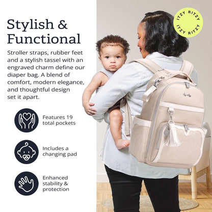 Itzy Ritzy Boss Plus Diaper Bag Backpack – 19 Pockets, Oat