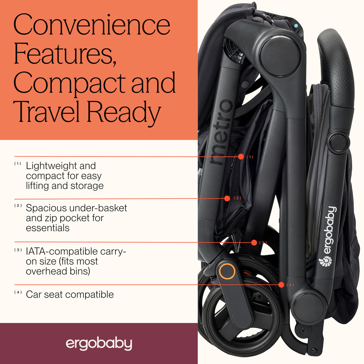 Ergobaby Metro3 Foldable Travel Stroller Birth–22kg – Grey