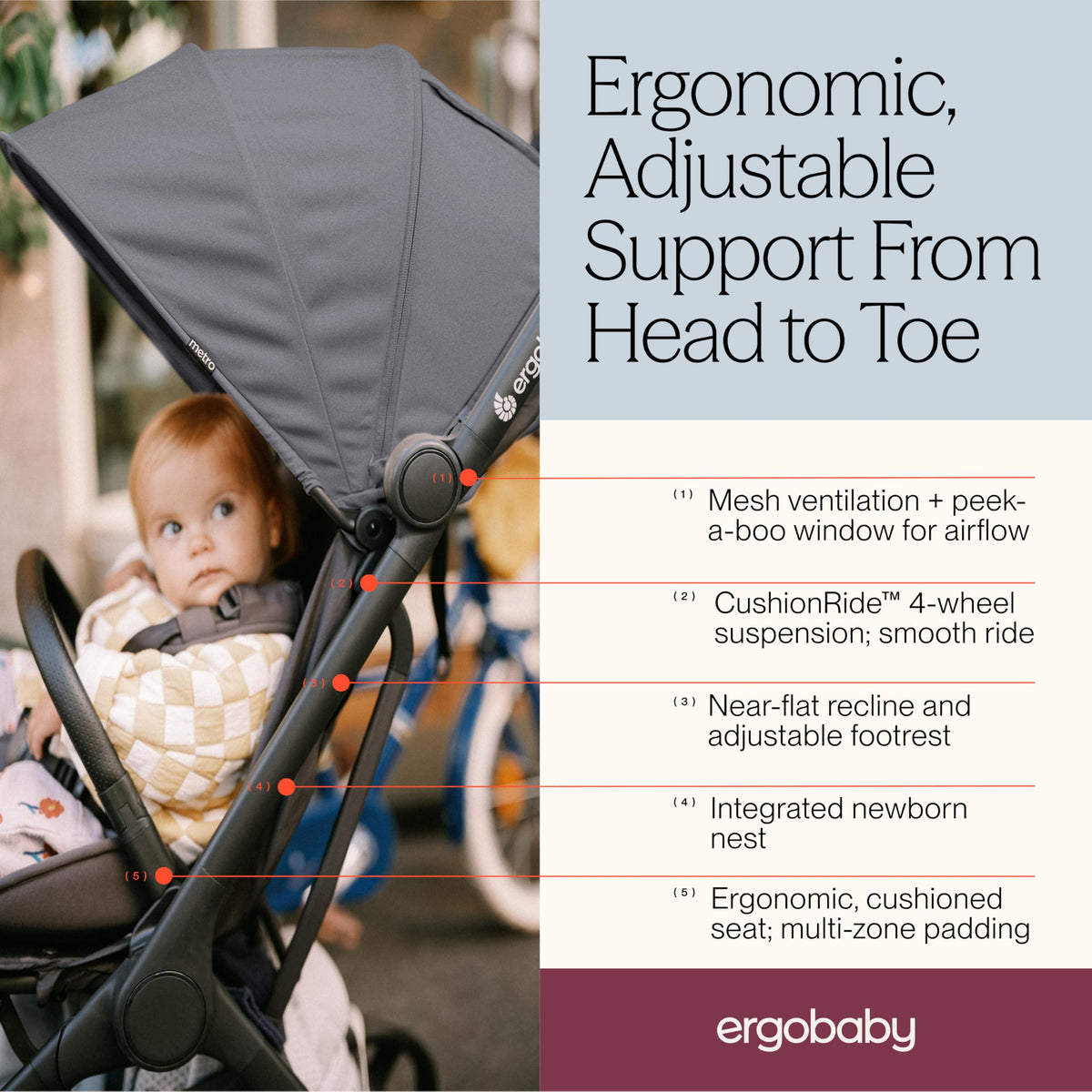 Ergobaby Metro3 Foldable Travel Stroller Birth–22kg – Grey