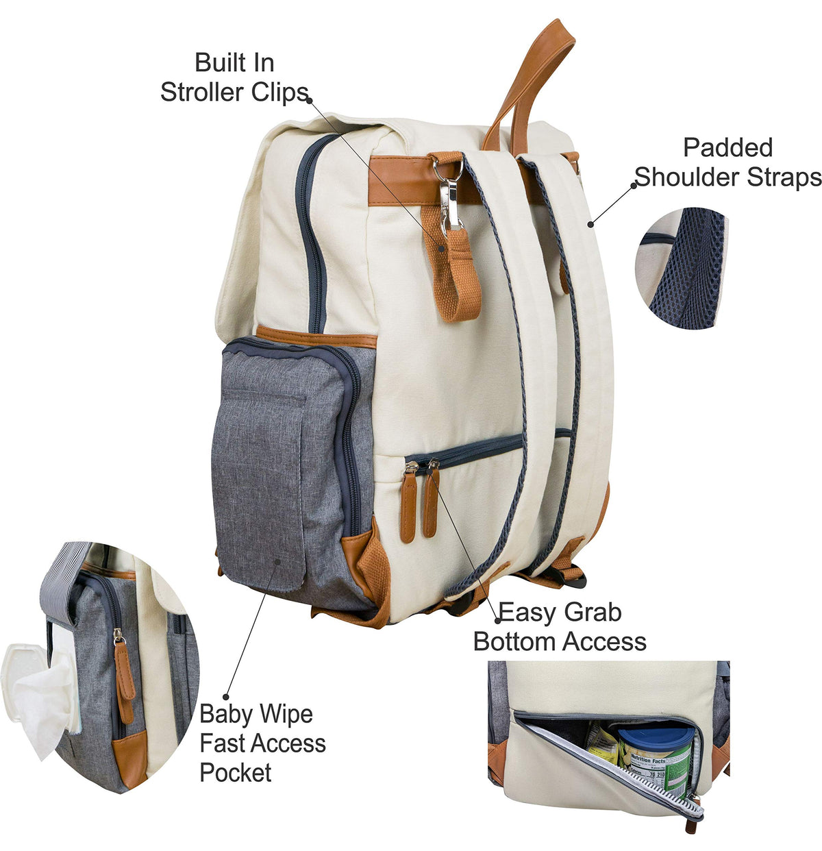 Cutie Carry Organic Cotton Diaper Bag Backpack – Cream Grey